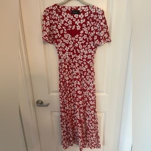 Red and white floral midi dress, size small
